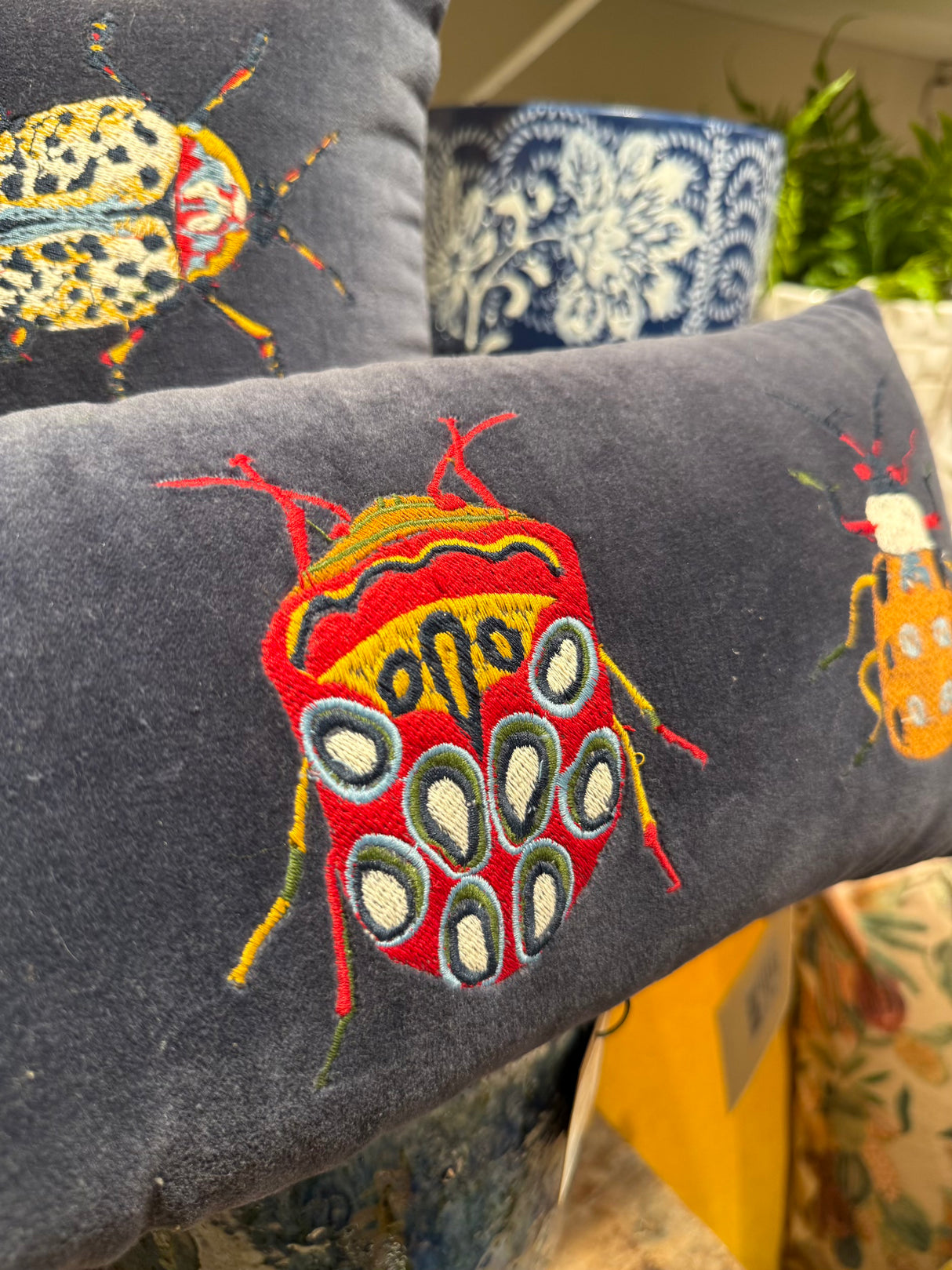 Beetle Pattern Blue Cotton & Velvet Embroidered Lumbar Pillow