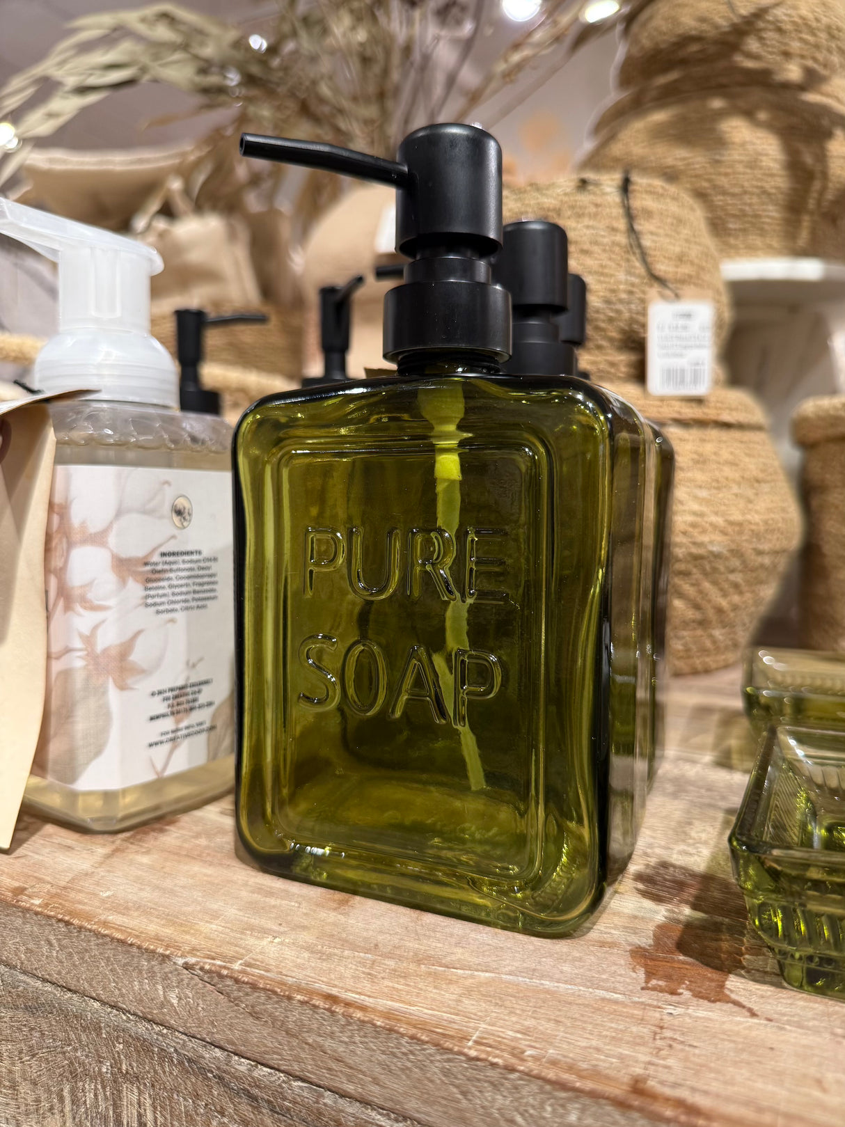 Olive Green Pressed Glass Pump Soap Dispenser | PURE SOAP Embossed Lettering