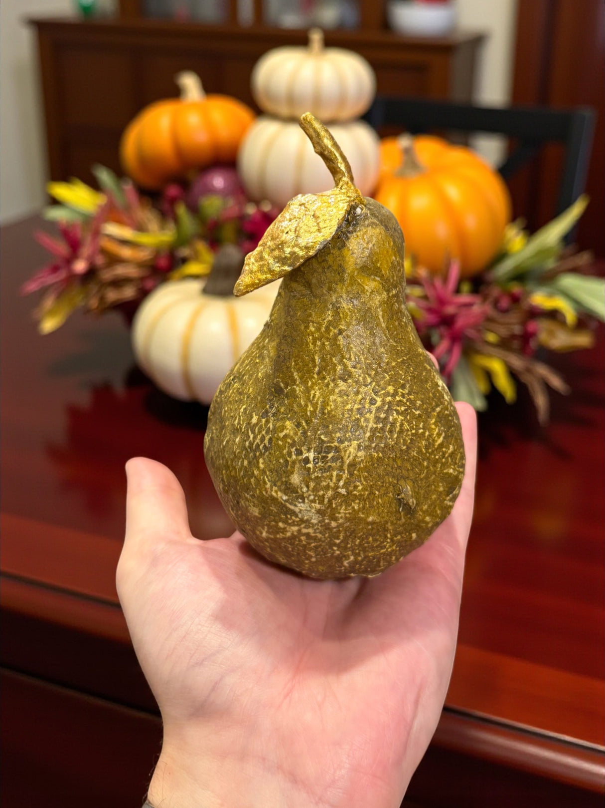 Textured Paper Mache Pear with Gold Stem