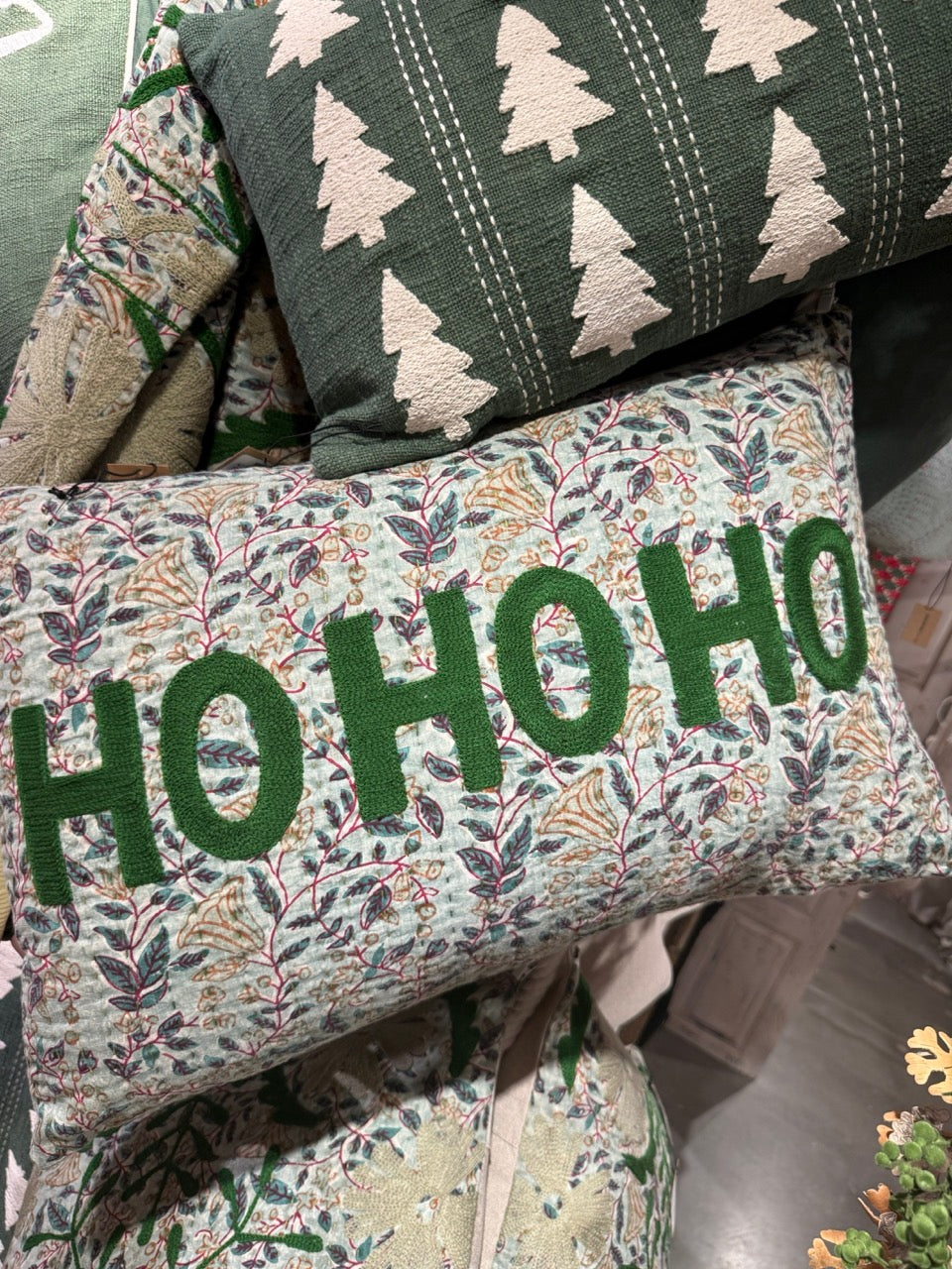 Ho Ho Ho Christmas Lumbar Throw Pillow with Suzani Pattern