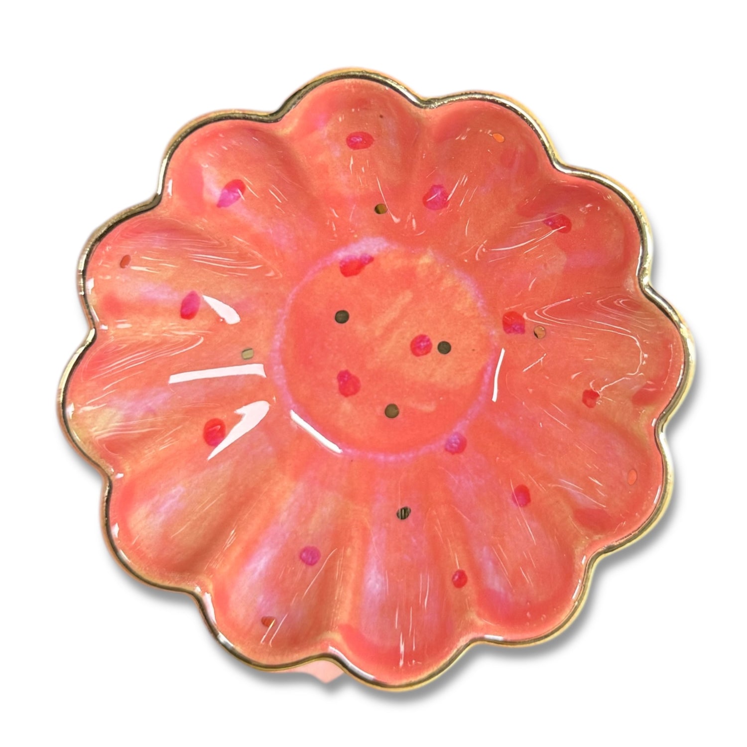 Decorative Stoneware Flower Dish with Hand-Painted Dots & Electroplating