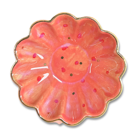 Decorative Stoneware Flower Dish with Hand-Painted Dots & Electroplating