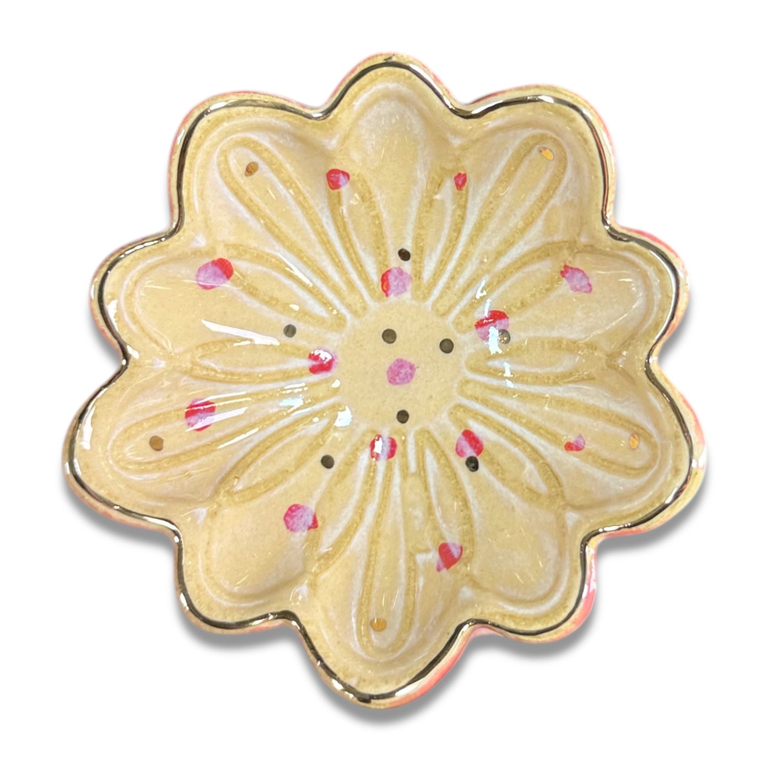 Decorative Stoneware Flower Dish with Hand-Painted Dots & Electroplating