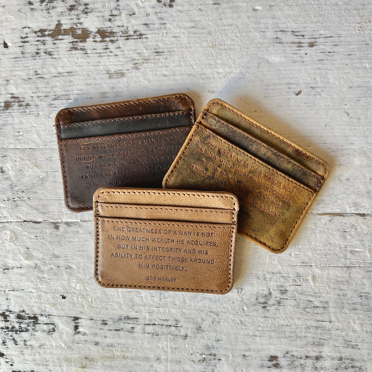 Distressed Leather Card Holder Wallet (Bob Marley Quote) | 3 Colors