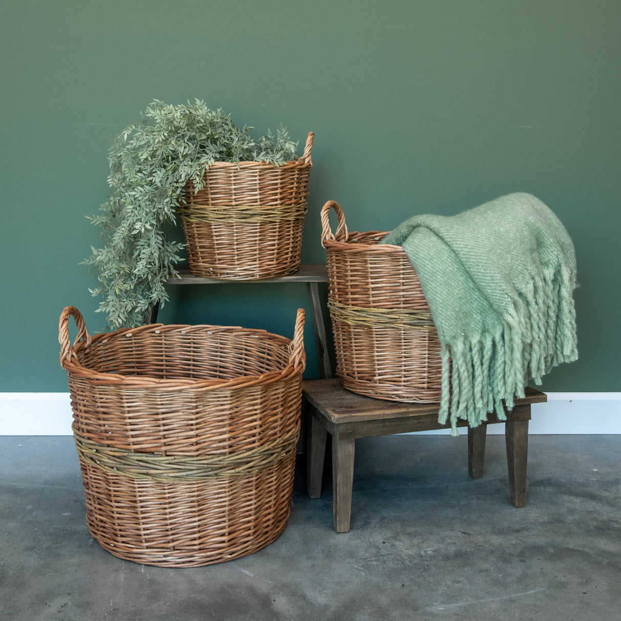 Round Wicker Storage Basket with Green Stripe