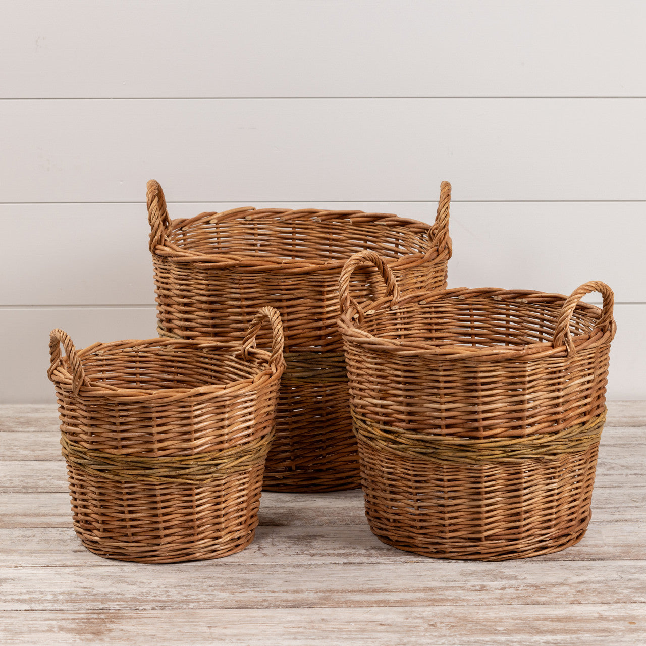 Round Wicker Storage Basket with Green Stripe