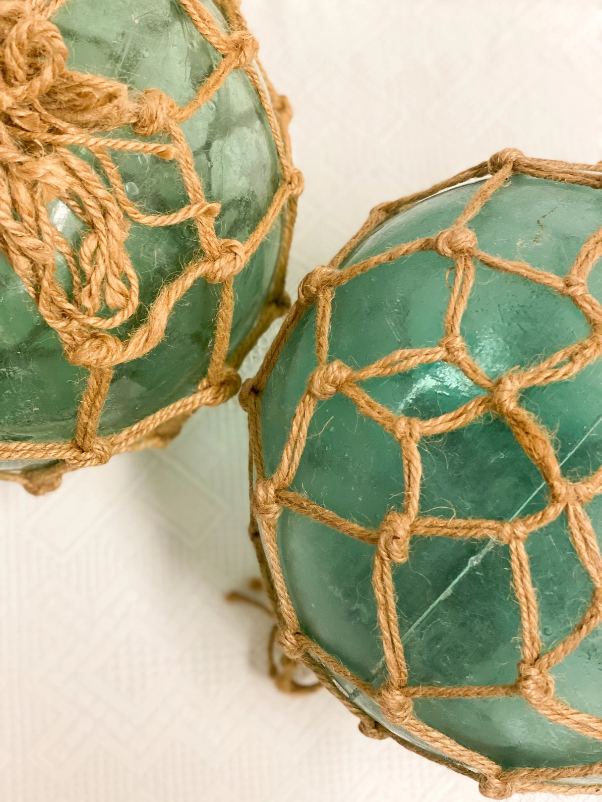 Vintage Green Glass Fishing Buoy with Rope Netting | 2 Sizes