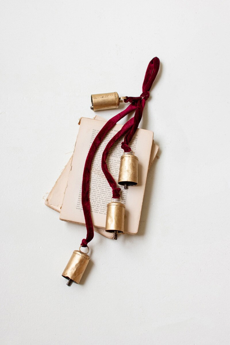Metal Christmas Bell Cluster with Red Velvet Rope