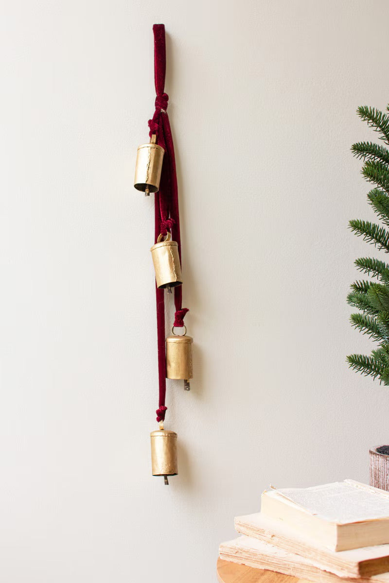 Metal Christmas Bell Cluster with Red Velvet Rope
