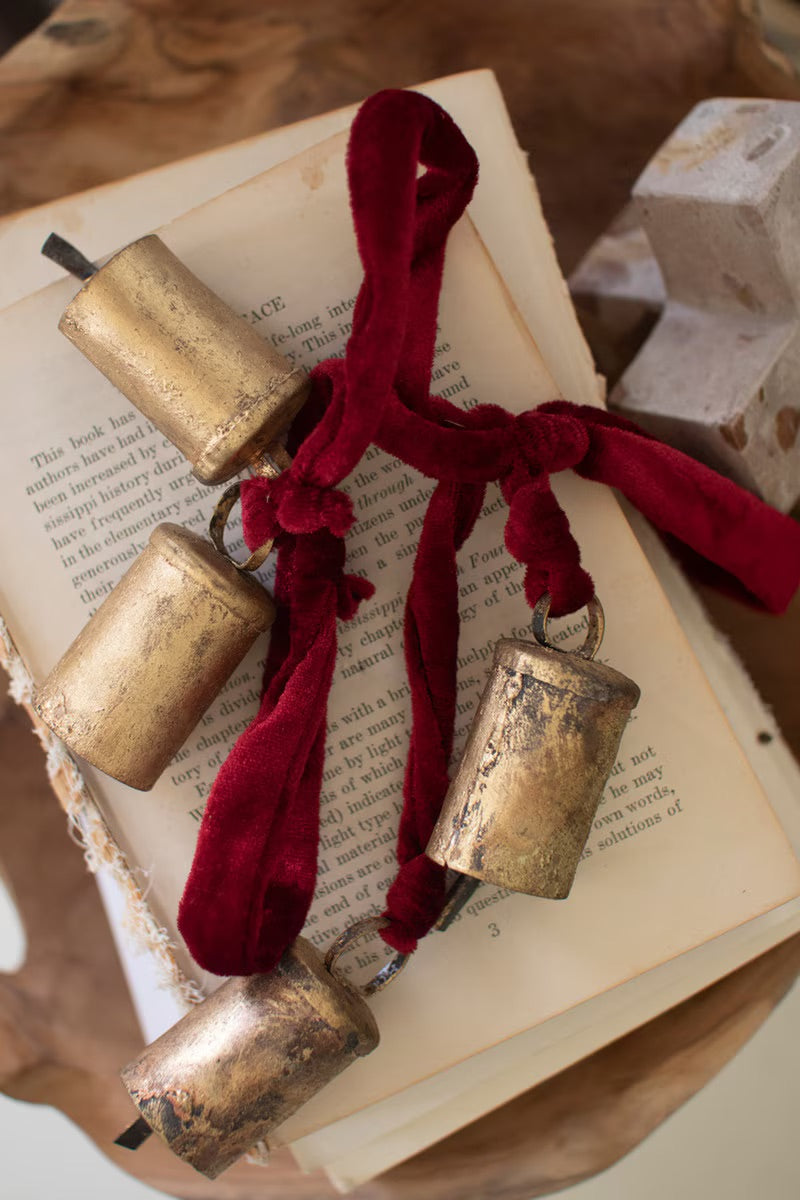 Metal Christmas Bell Cluster with Red Velvet Rope