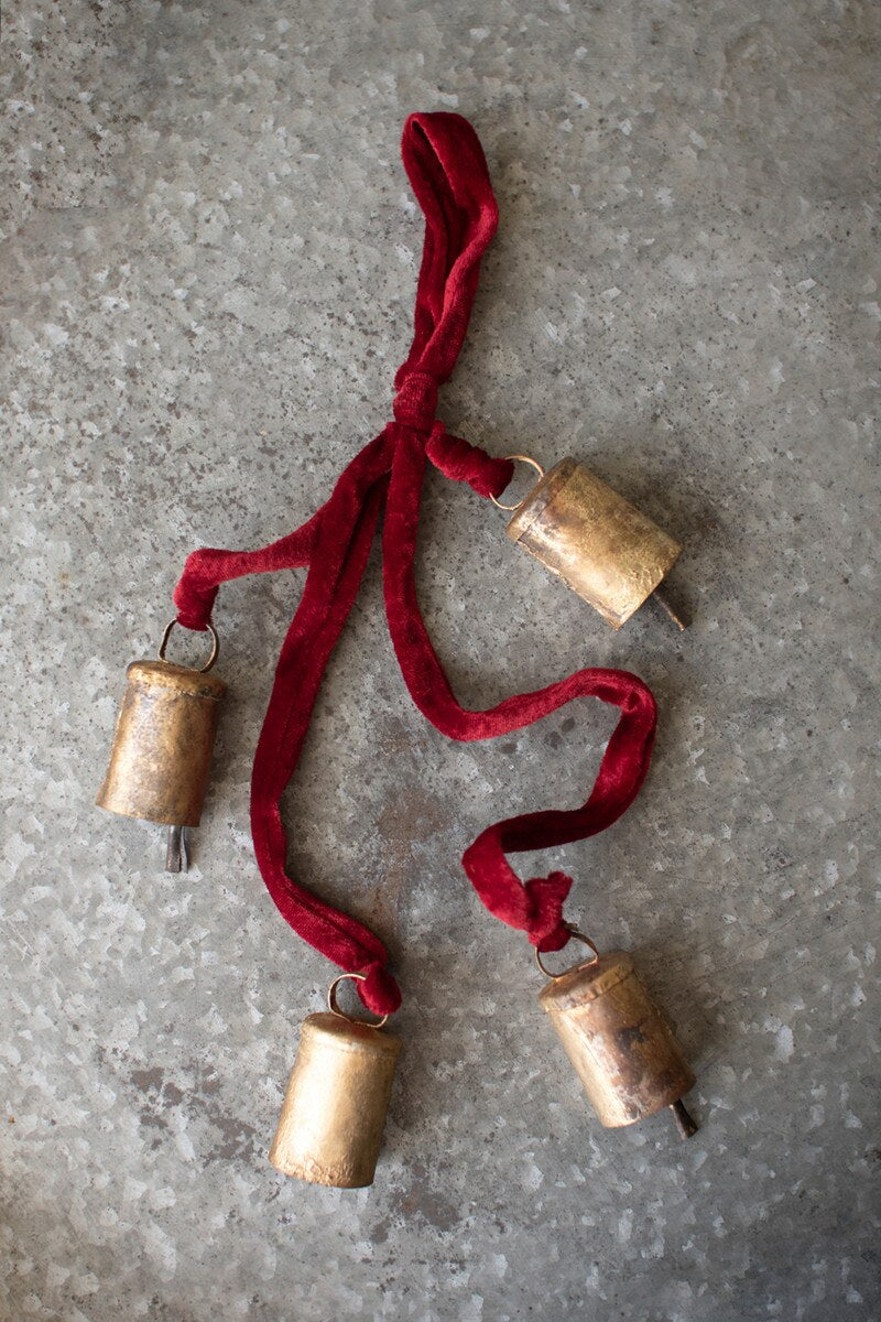 Metal Christmas Bell Cluster with Red Velvet Rope