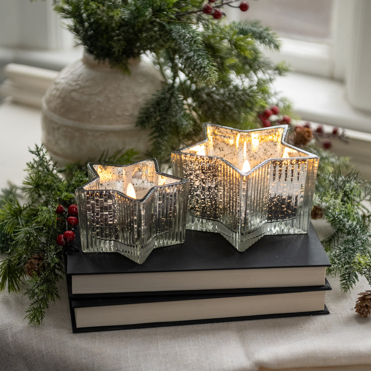 Silver Mercury Glass Star LED Flameless Candle