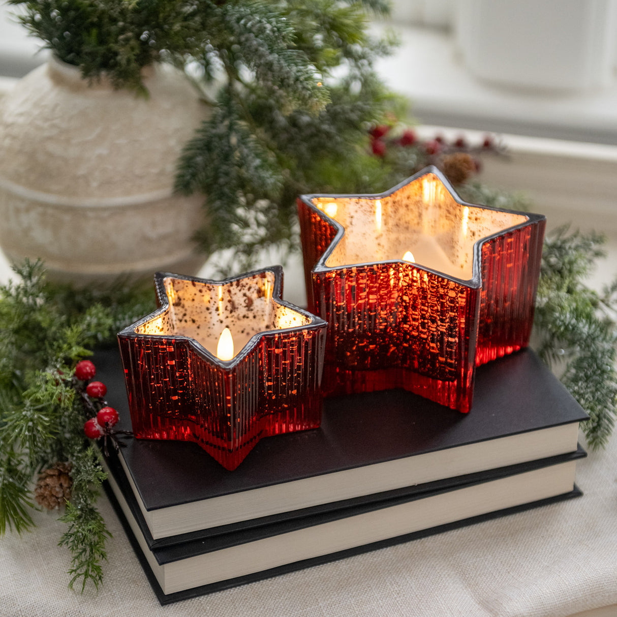 Red Mercury Glass Star LED Flameless Candle