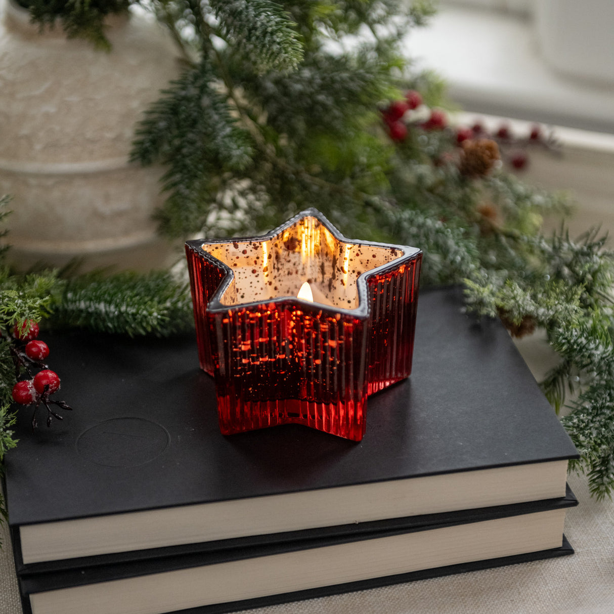 Red Mercury Glass Star LED Flameless Candle