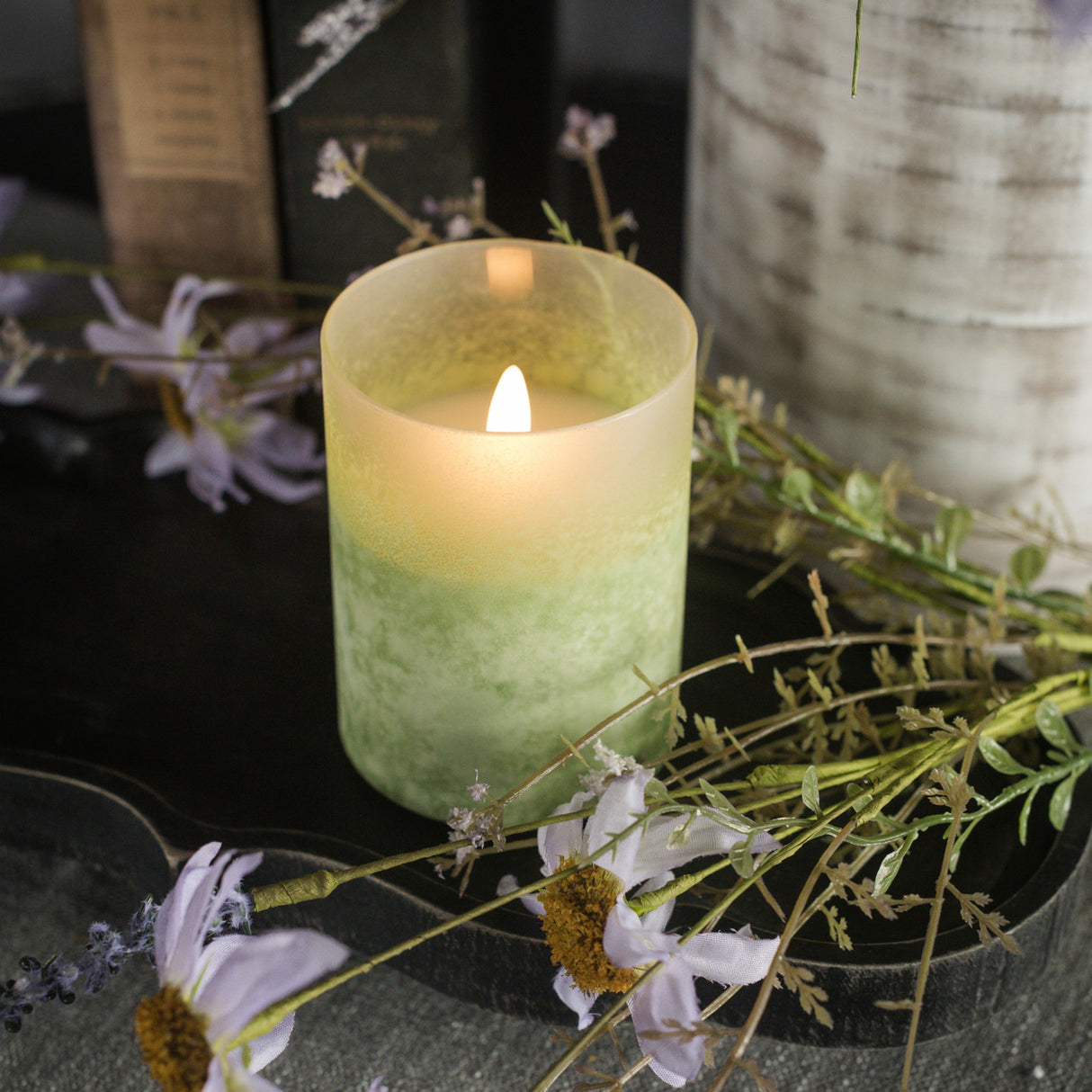 Green Frosted Glass LED Flickering Flame Candle | 3 Sizes