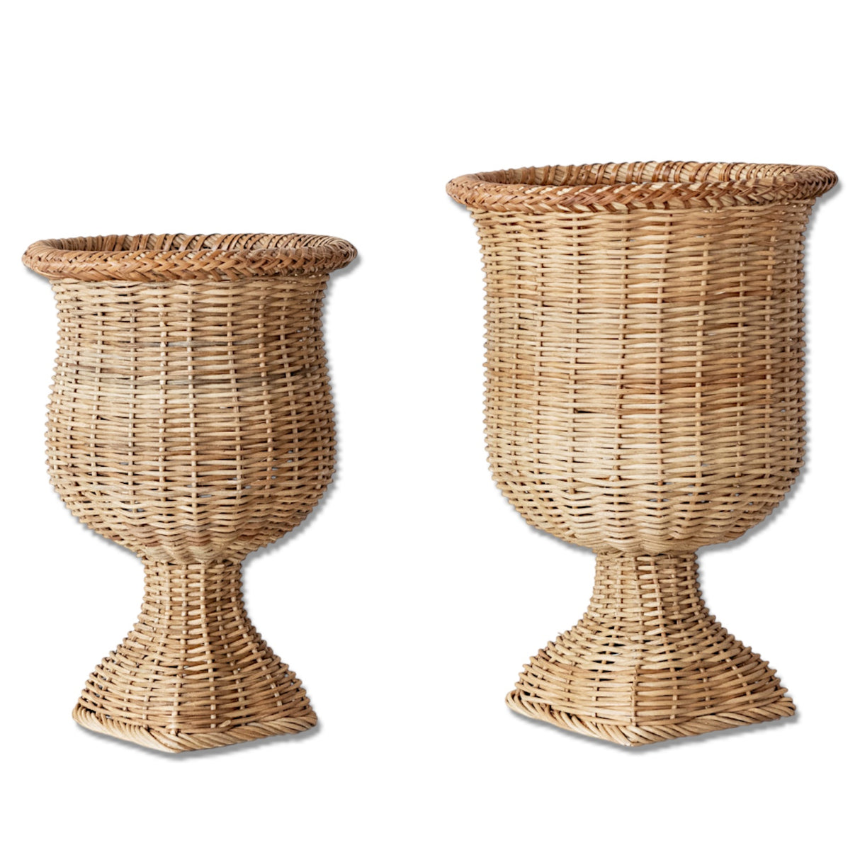Natural woven rattan pedestal urn adds warm texture and height to consoles, tables, and shelves. Perfect for styling with faux stems.