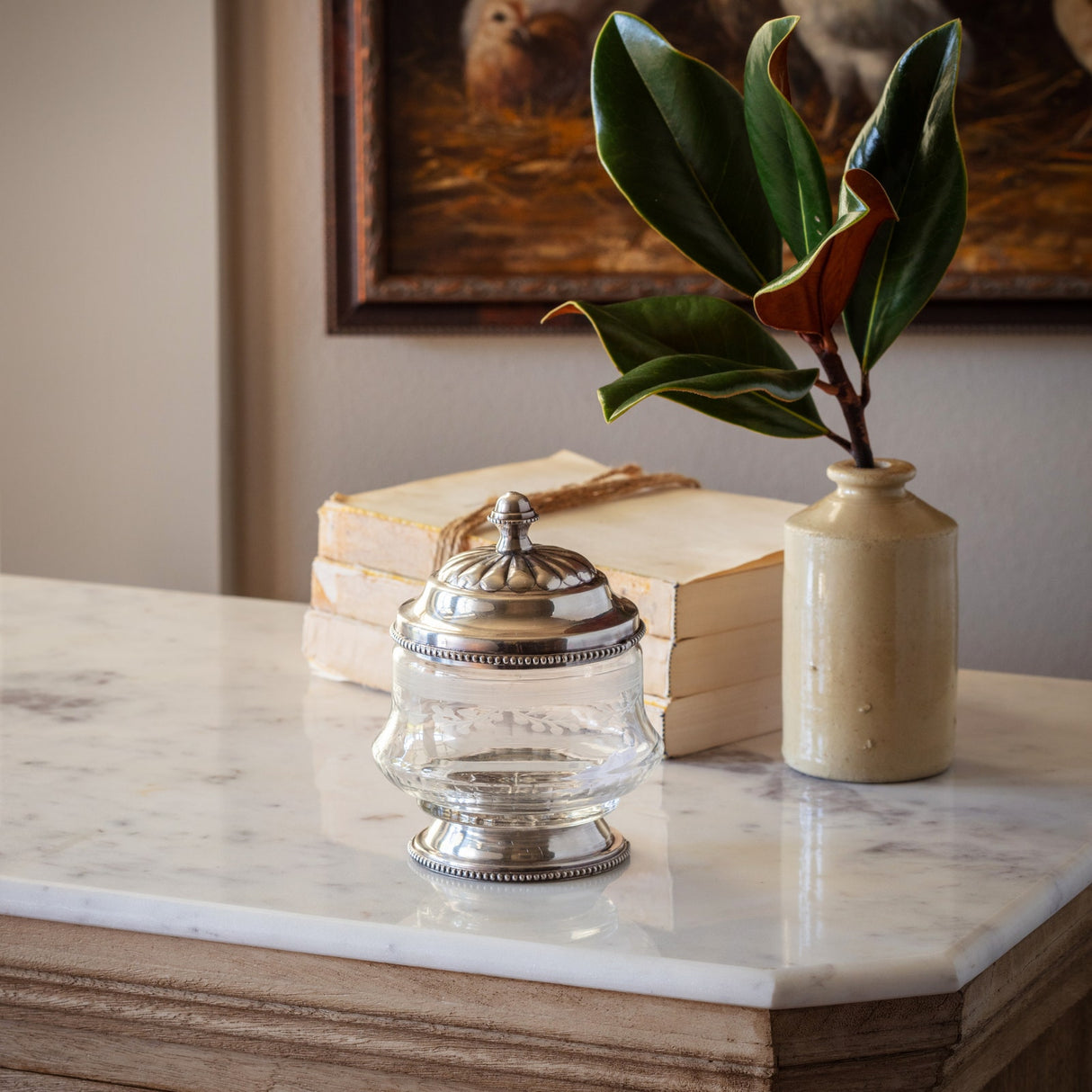 Vintage-Inspired Silver Etched Glass Vanity Canister