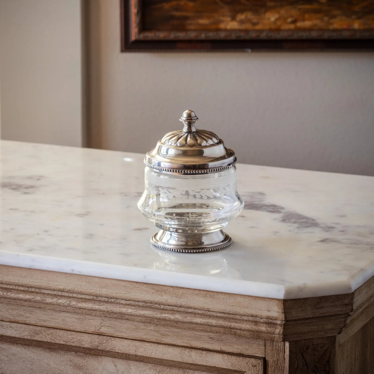 Vintage-Inspired Silver Etched Glass Vanity Canister
