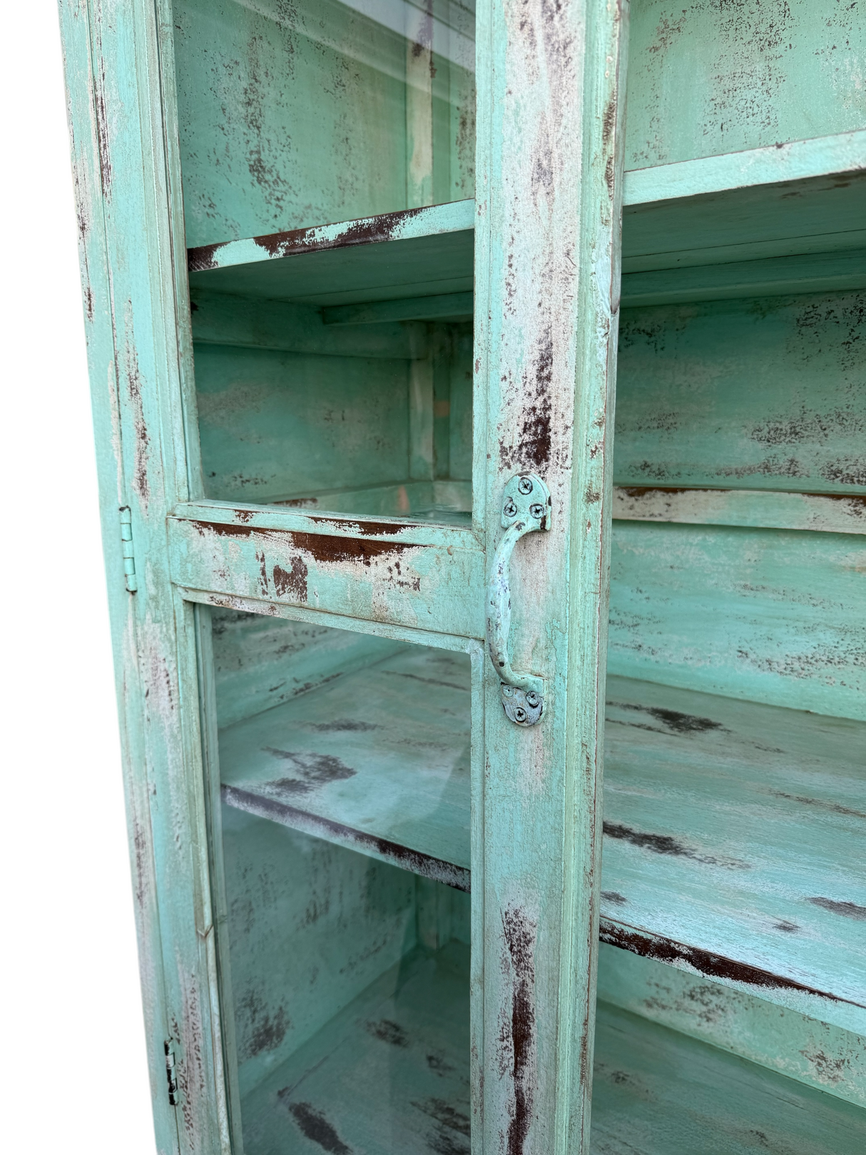 Vintage-Style Distressed Blue Mango Wood & Glass Cabinet | 2-Door Storage with Tin Sides & 3 Shelves