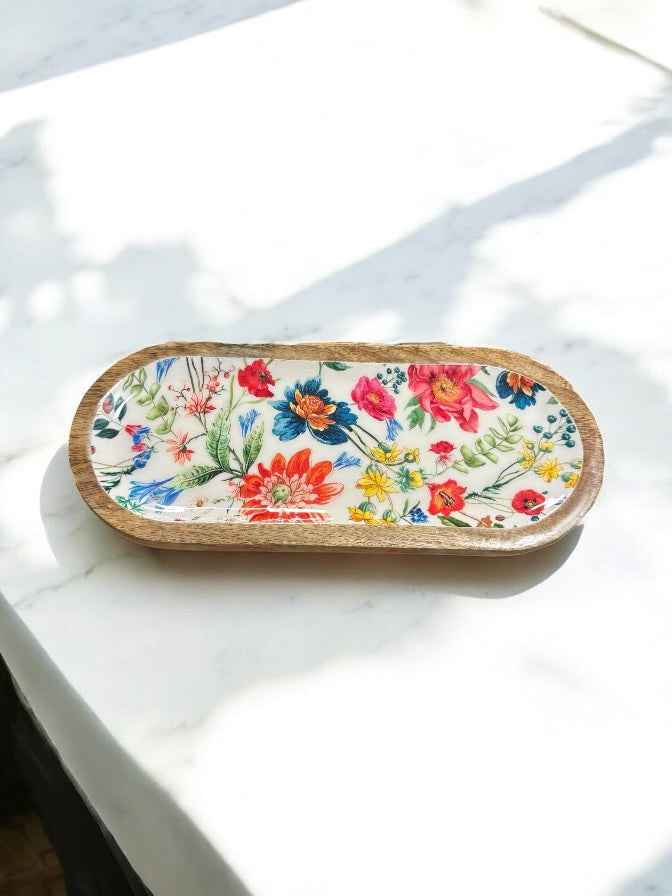 Floral Oval Enamel & Wood Serving Trays | 2 Sizes