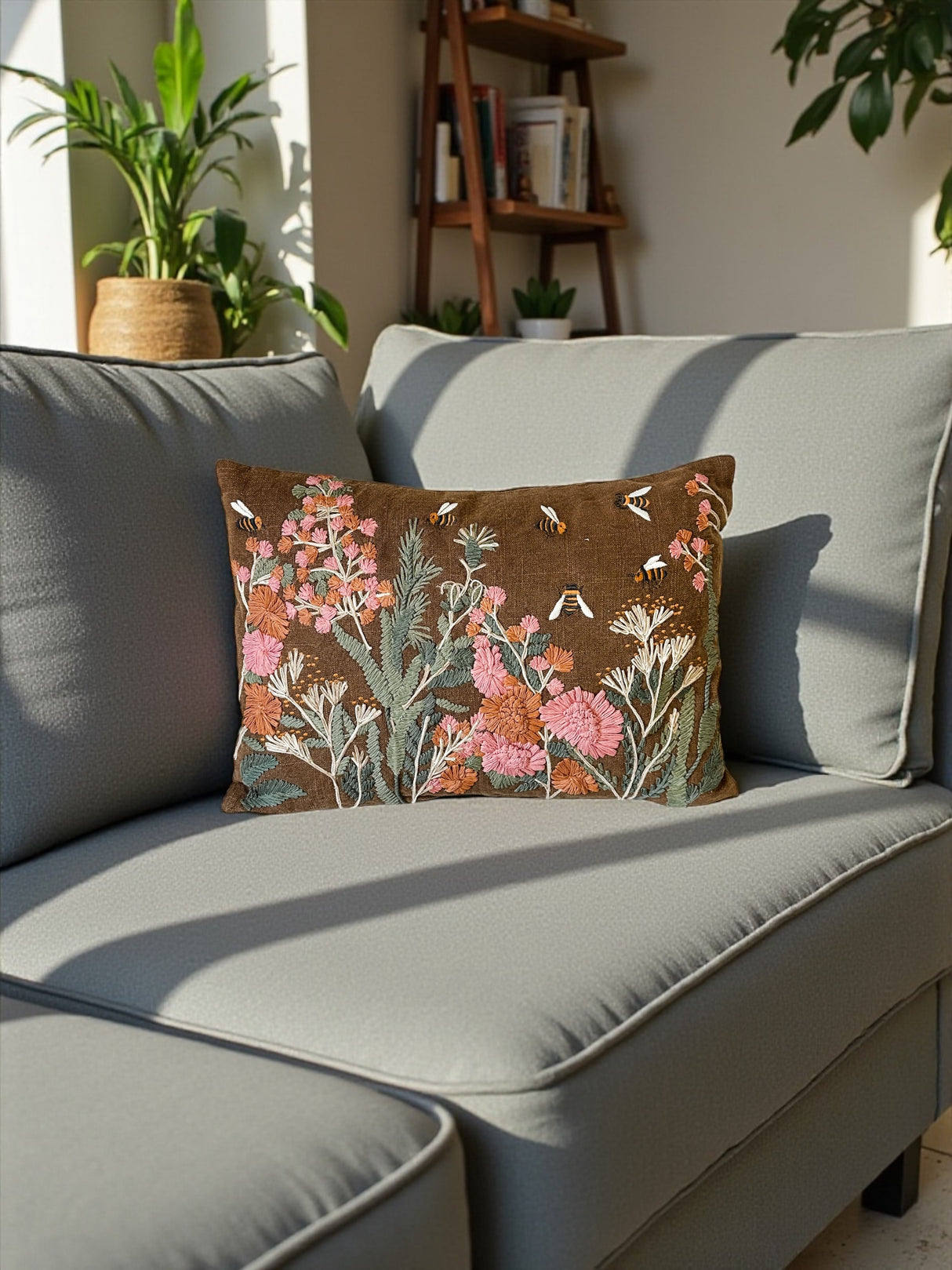 Embroidered Wildflower & Bee Lumbar Pillow