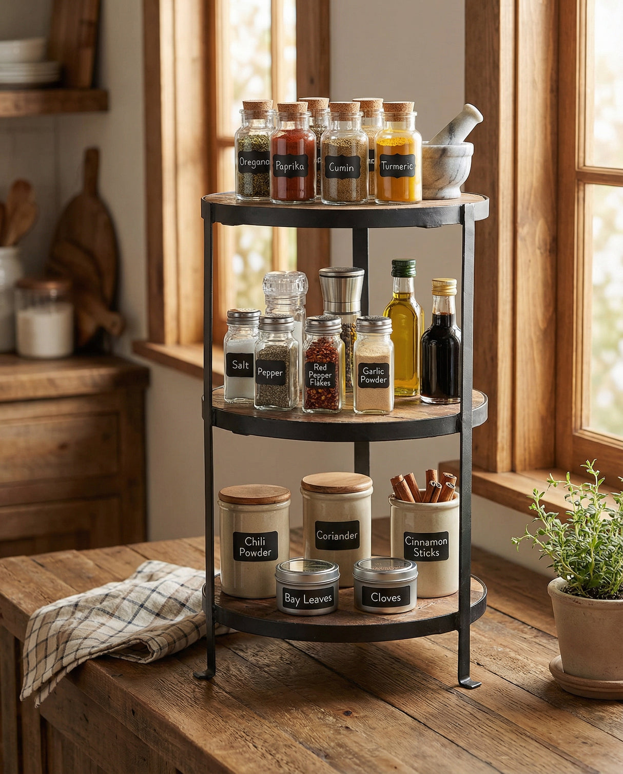 Three-Tier Rustic Wood & Iron Display Stand