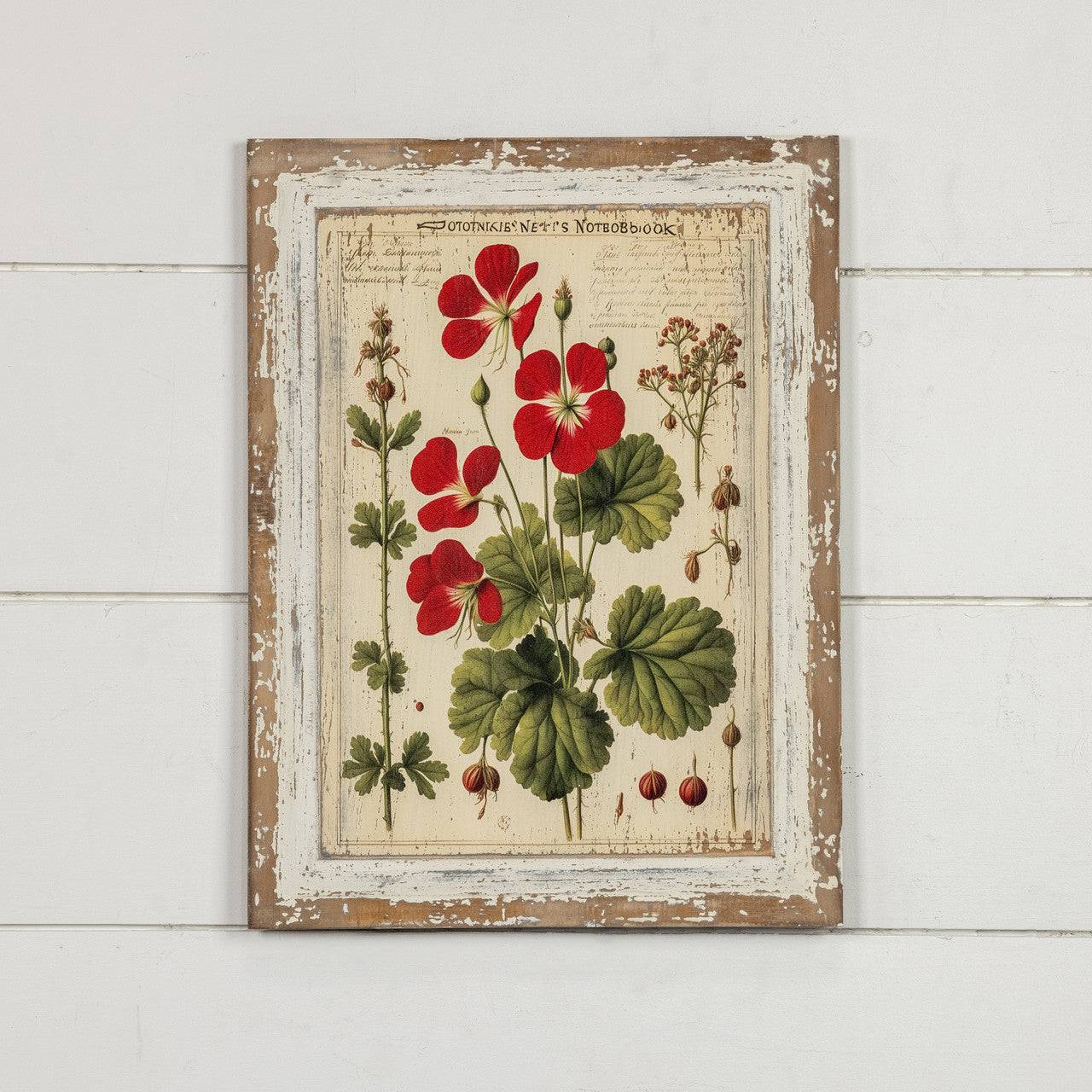 Red Blooming Geranium Print on Distressed Wood Frame