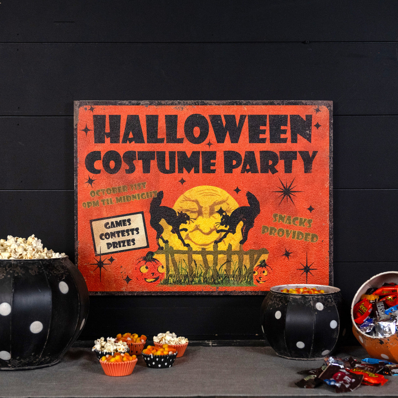 Halloween Costume Party Black Cat Retro Wood Sign