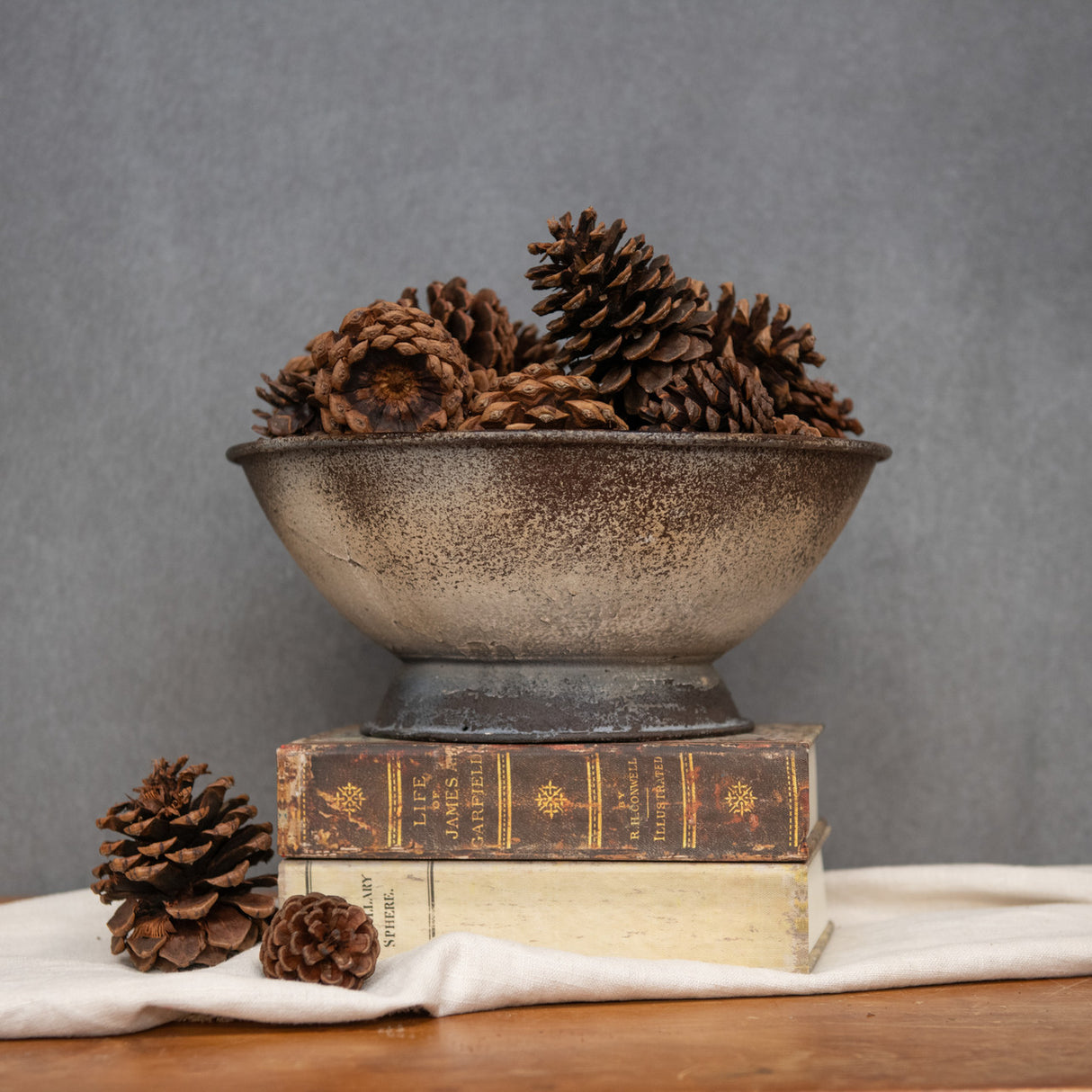 Distressed White & Brown Metal Pedestal Bowl
