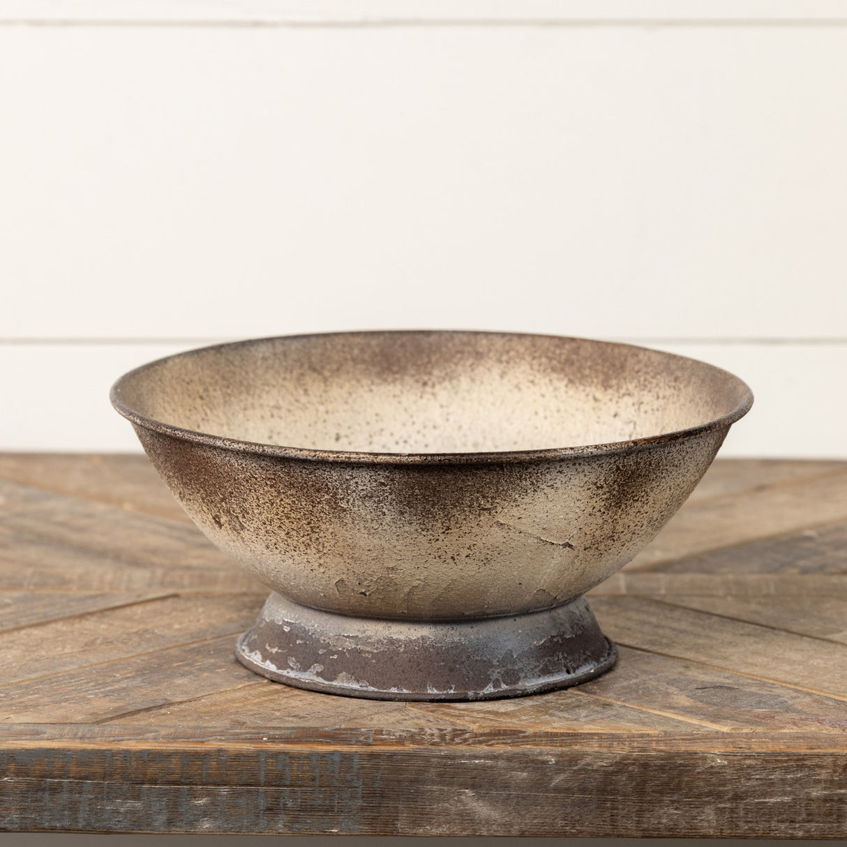 Distressed White & Brown Metal Pedestal Bowl