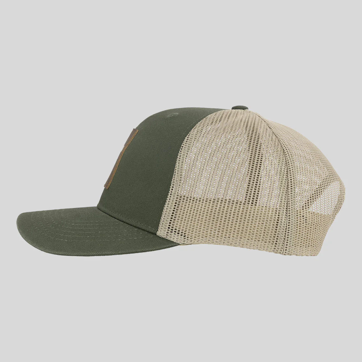Leather Cross Olive Green Trucker Hat