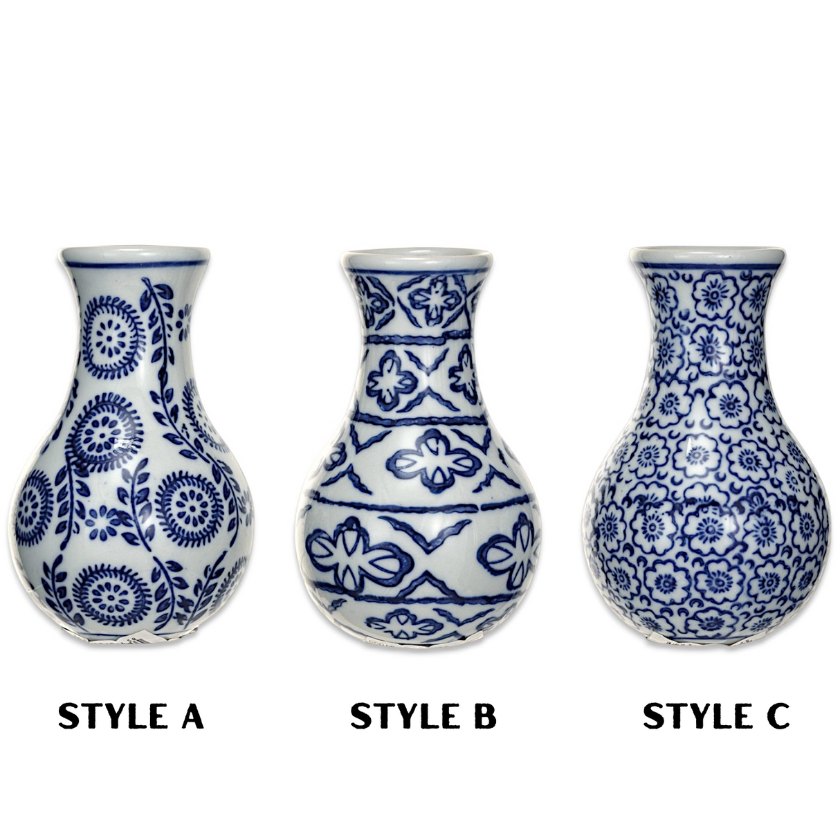 Blue Chinoiserie Hand-Stamped Floral Ceramic Vase