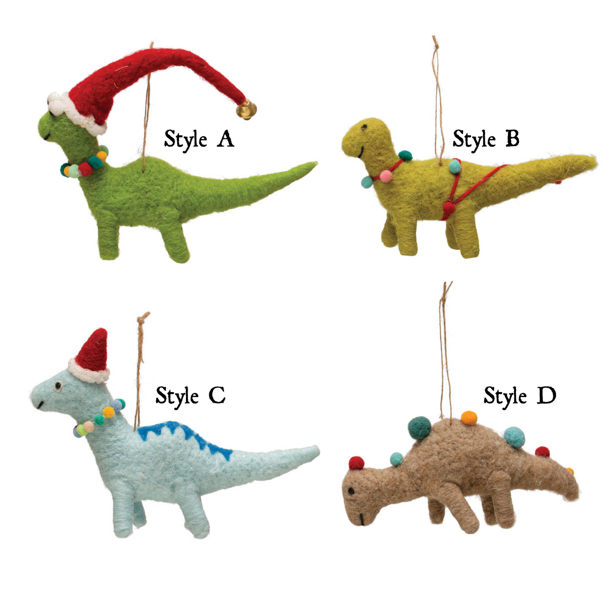 Wool Felt Dinosaur Ornament with Seasonal Accessories | 4 Styles