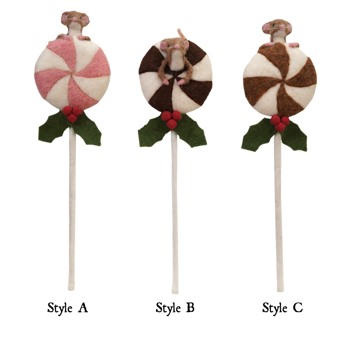 Handmade Wool Felt Lollipop with Mouse & Holly
