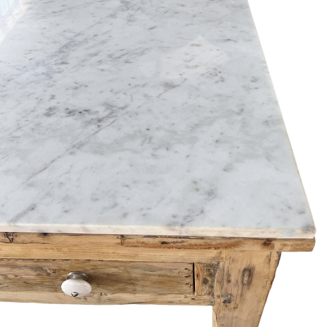 Bleached Wood Kitchen Island Table | White Marble Top & Wheels