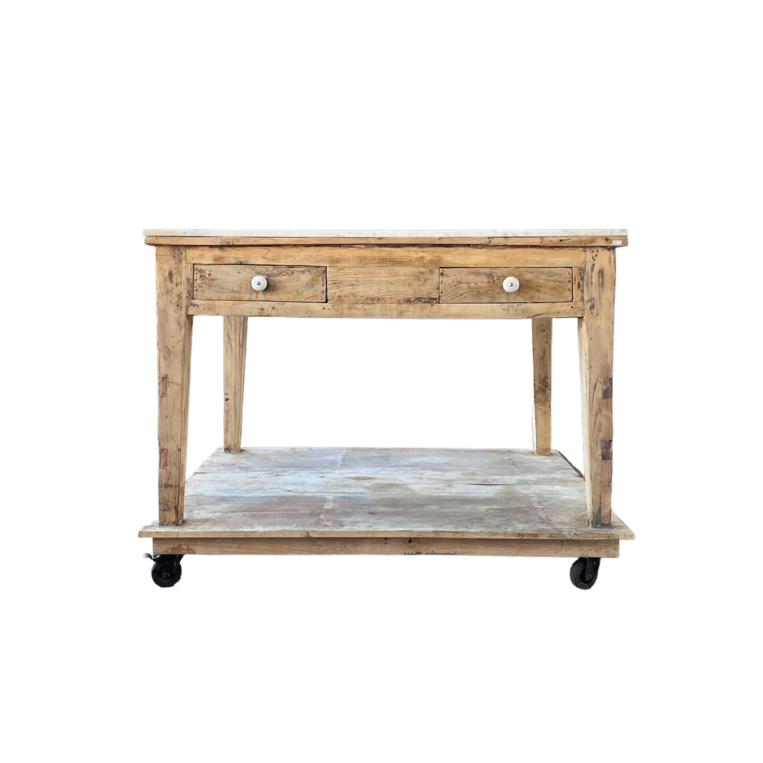 Bleached Wood Kitchen Island Table | White Marble Top & Wheels
