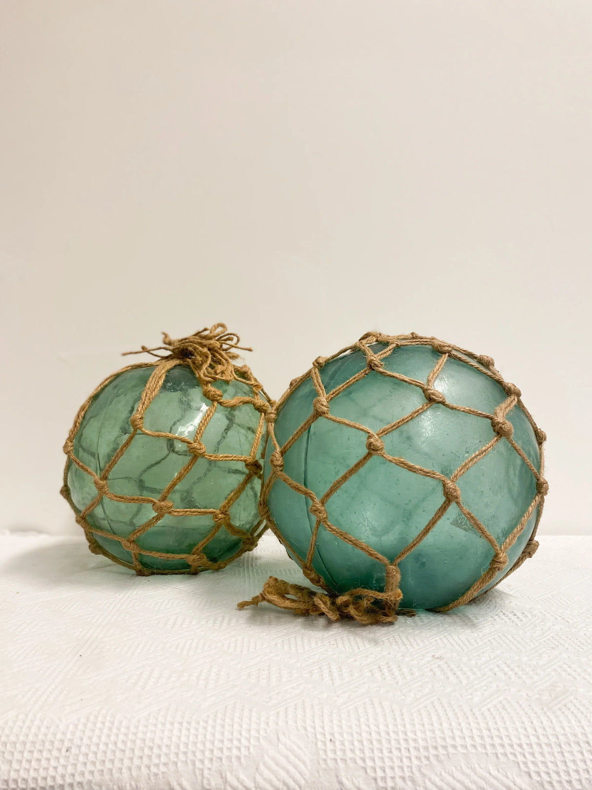 Vintage Green Glass Fishing Buoy with Rope Netting | 2 Sizes