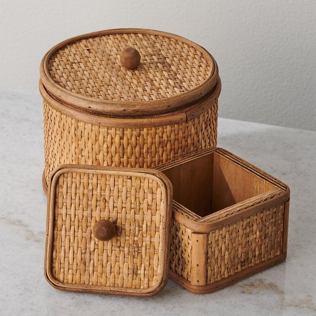Round and Square Rattan Woven Cane Storage Boxes