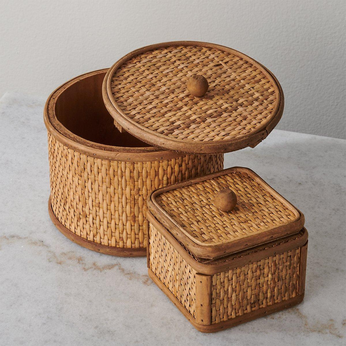Round and Square Rattan Woven Cane Storage Boxes