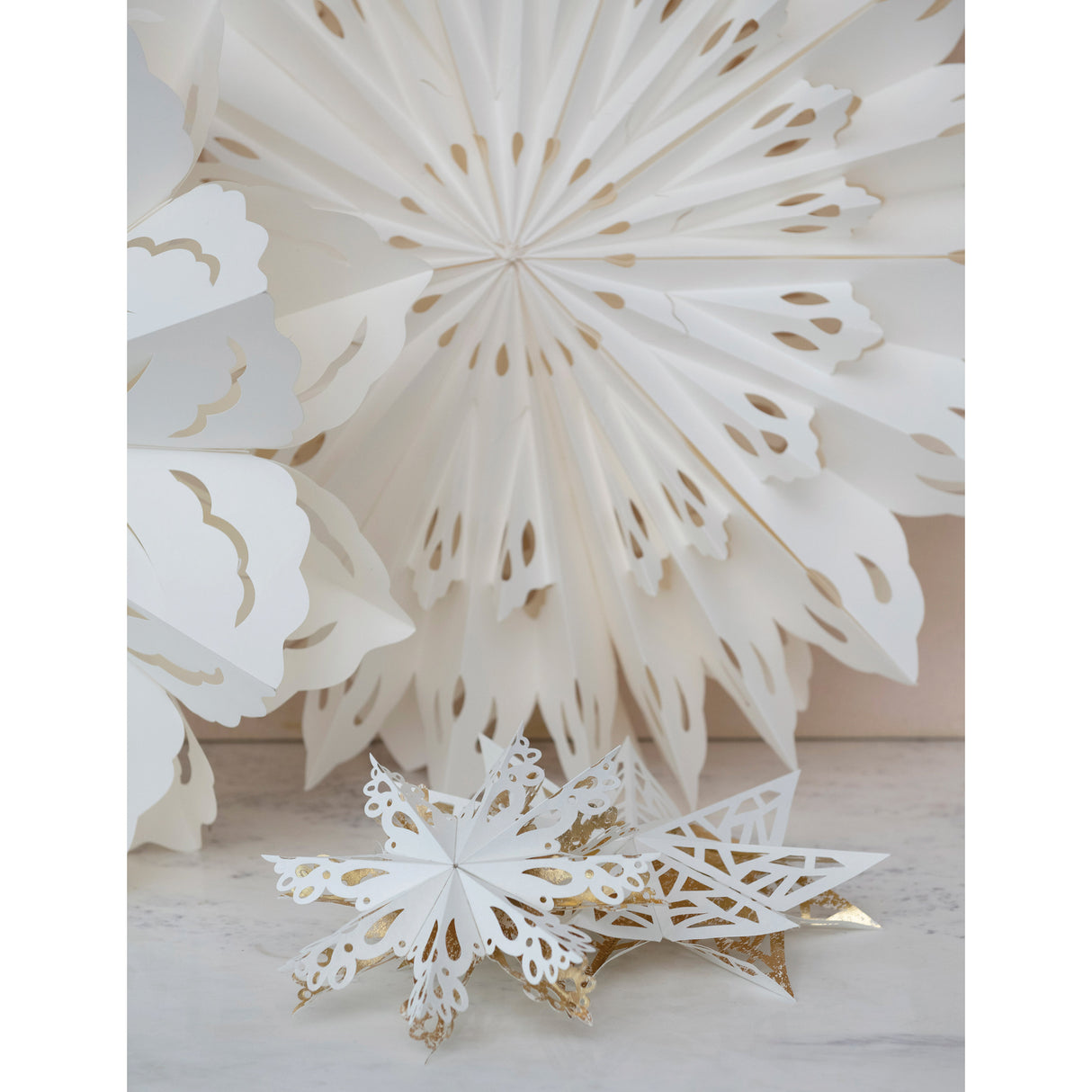 White Hanging Paper Snowflake with Gold Foil Accents & Magnetic Closure