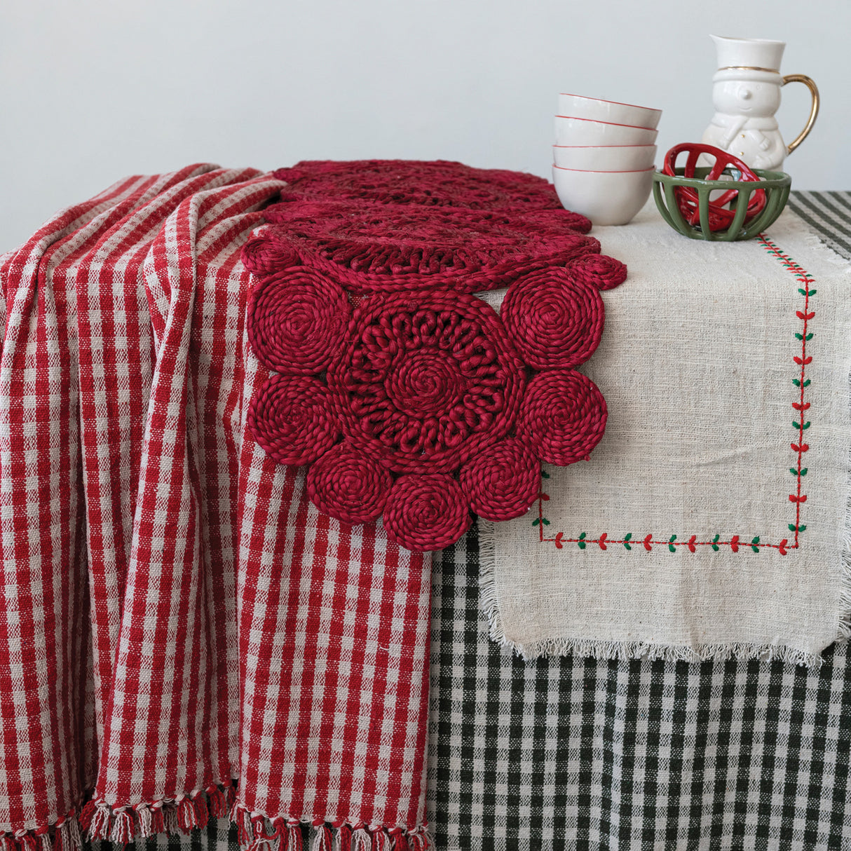 Red Hand-Woven Jute Christmas Table Runner