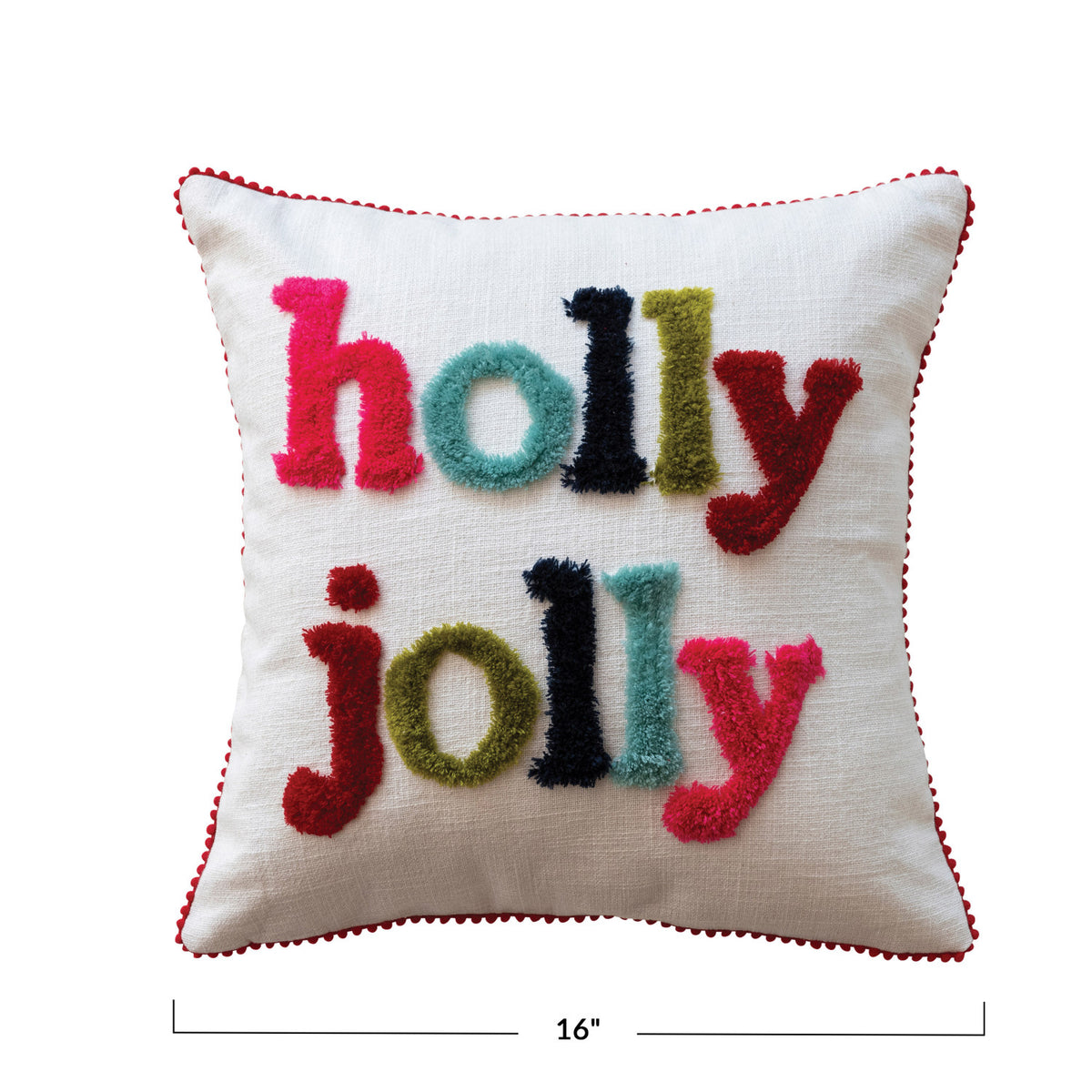 Holly Jolly Tufted Christmas Pillow with Pom Pom Trim