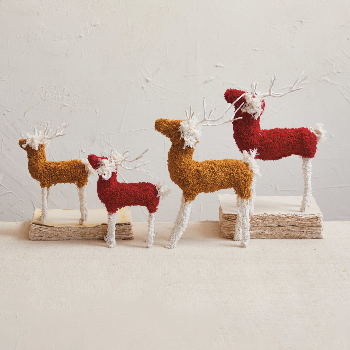Red & White Bouclé Cotton Knit & Wire Reindeer