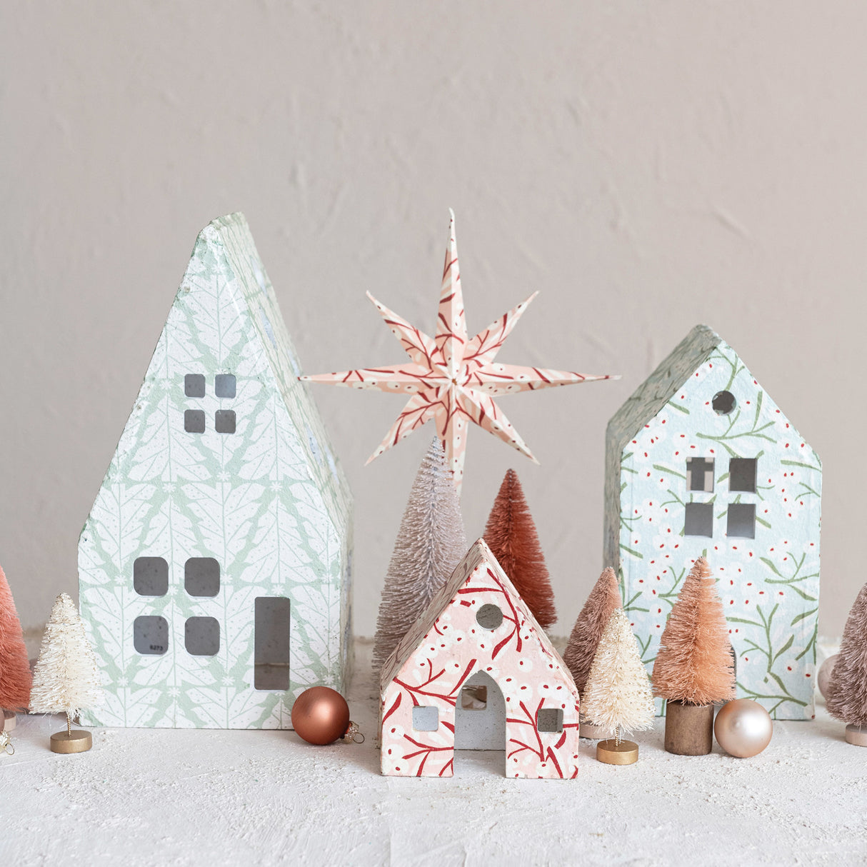 Paper Mache Houses with Christmas Berry & Tree Patterns