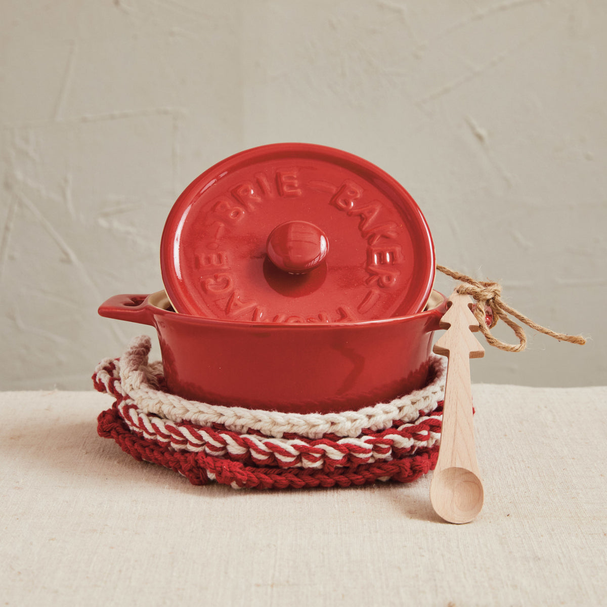 Red Ceramic Brie Baker with Wood Tree Spoon