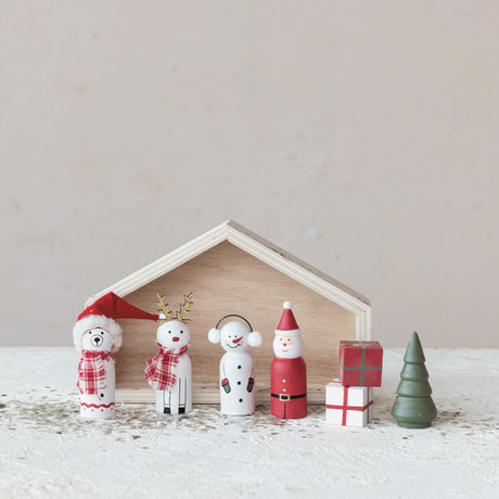 Wood Christmas Figurines in House (Set of 8)