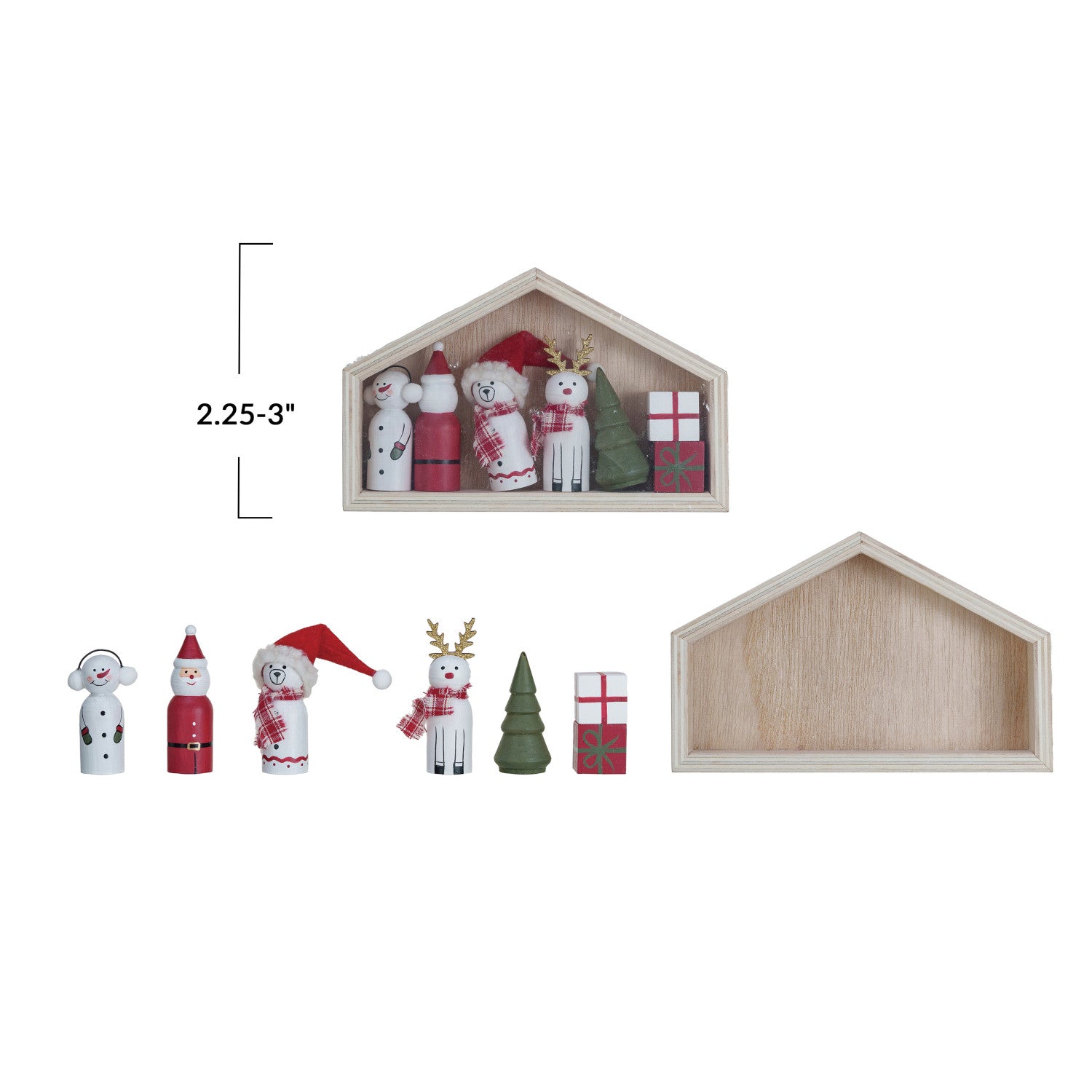 Wood Christmas Figurines in House (Set of 8)