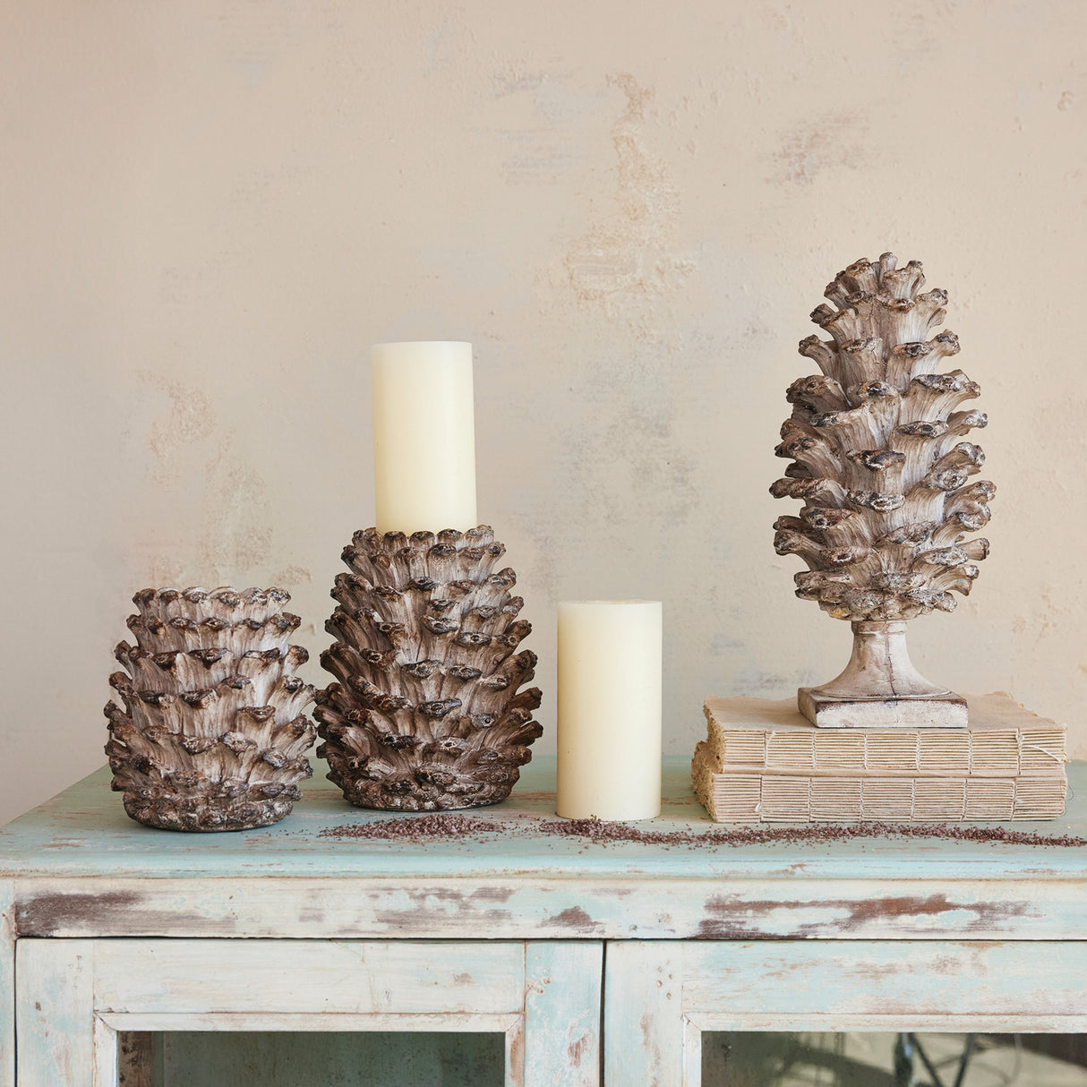Distressed Brown Resin Pinecone Pillar Candle Holder | 2 Sizes