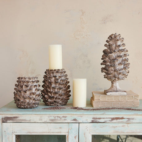 Distressed Brown Resin Pinecone Pillar Candle Holder | 2 Sizes