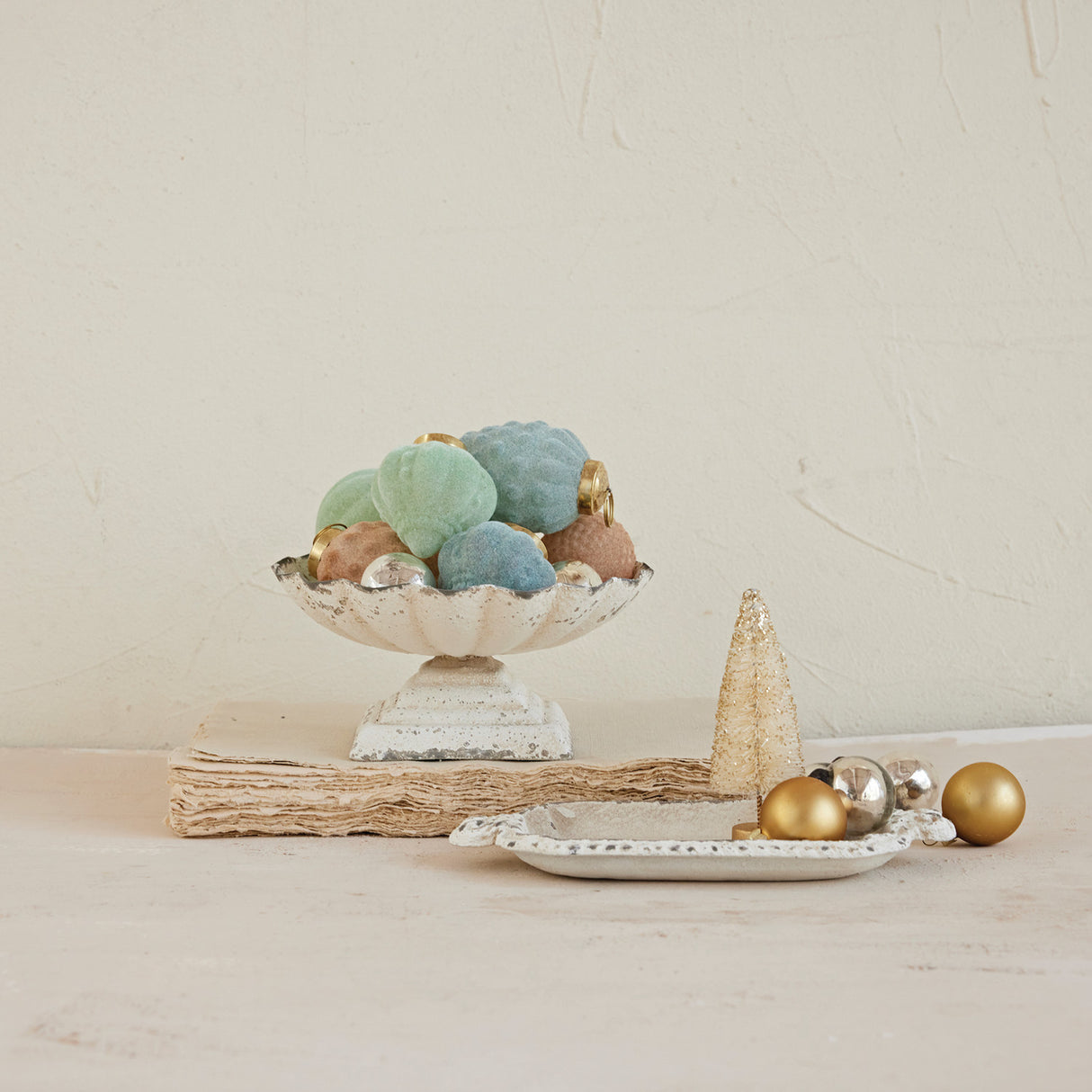 Distressed White Cast Iron Scalloped Footed Dish